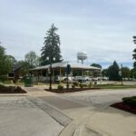 Small town park with gazebo and water tower