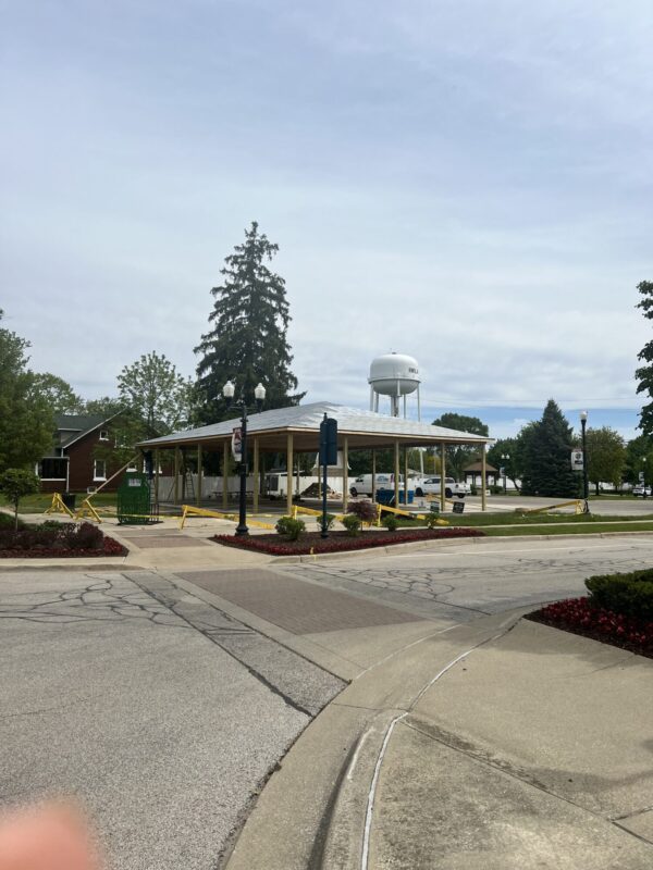 Small town park with gazebo and water tower